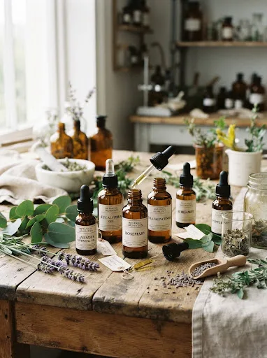 Essential oil bottles with botanical ingredients