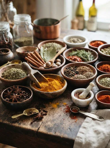 Bowls of spices and food ingredients
